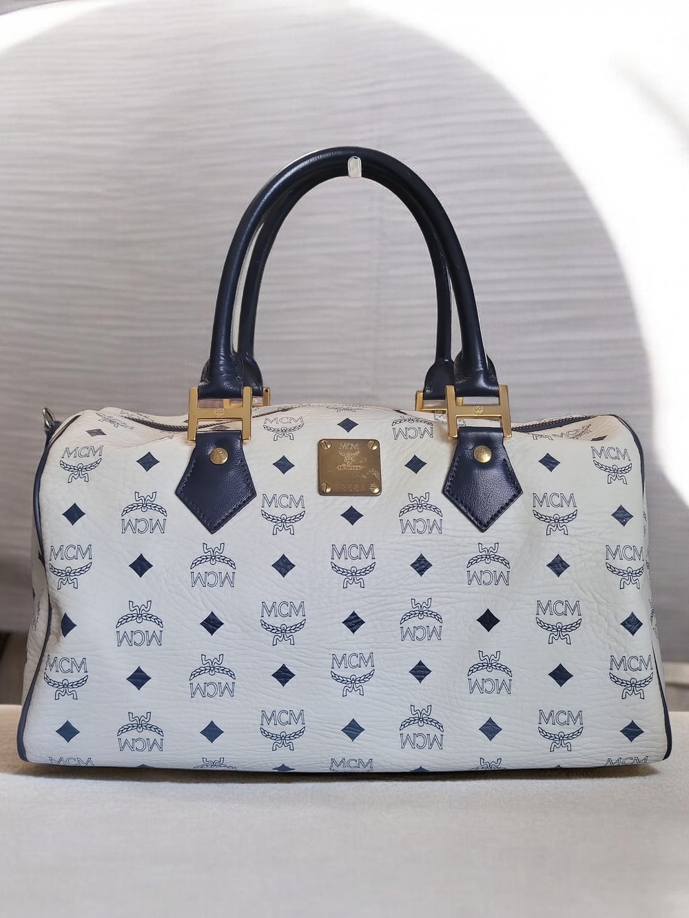 MCM Visetos Monogram Boston Bag Navy White
